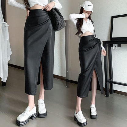 Faux Leather Slit Midi Pencil Skirt