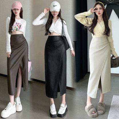 Faux Leather Slit Midi Pencil Skirt