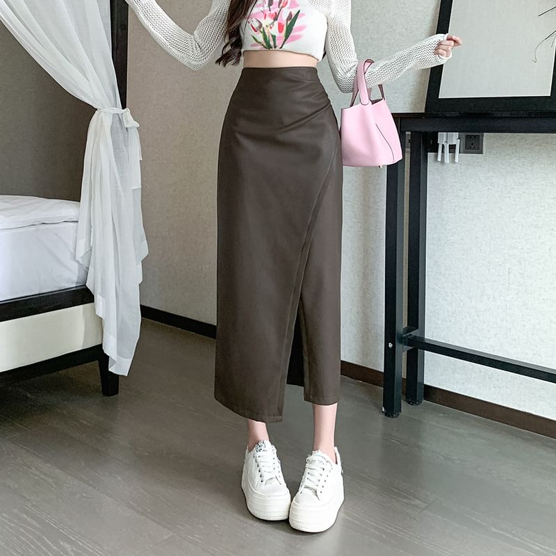 Faux Leather Slit Midi Pencil Skirt