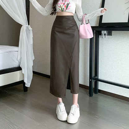 Faux Leather Slit Midi Pencil Skirt