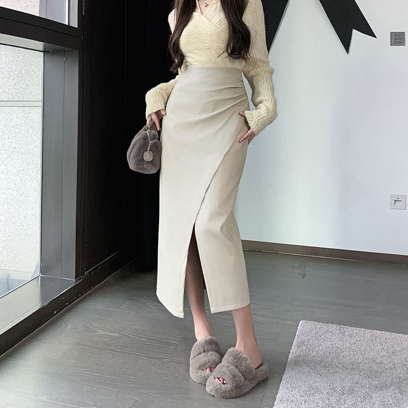 Faux Leather Slit Midi Pencil Skirt