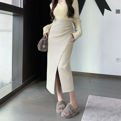 Faux Leather Slit Midi Pencil Skirt