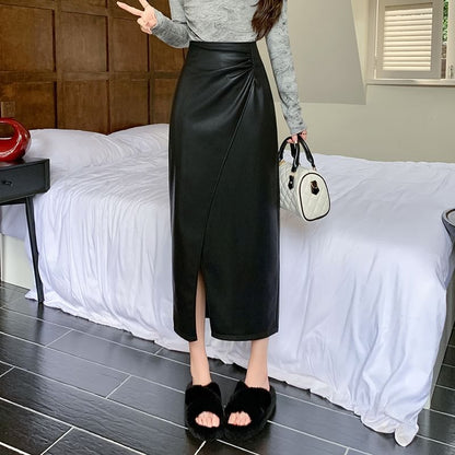 Faux Leather Slit Midi A-Line Skirt