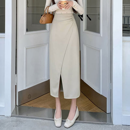 Faux Leather Slit Midi A-Line Skirt