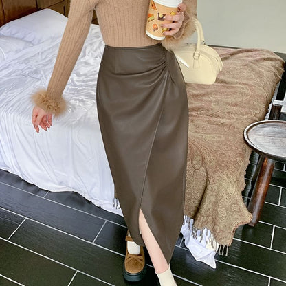 Faux Leather Slit Midi A-Line Skirt