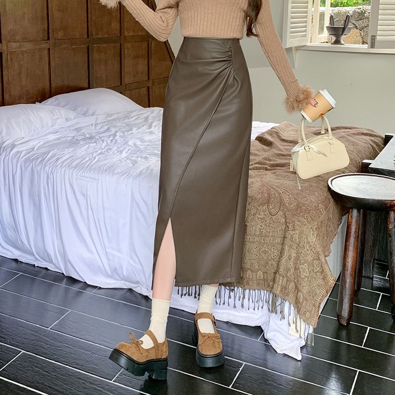 Faux Leather Slit Midi A-Line Skirt