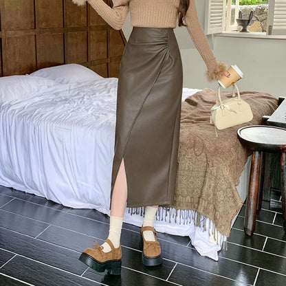 Faux Leather Slit Midi A-Line Skirt