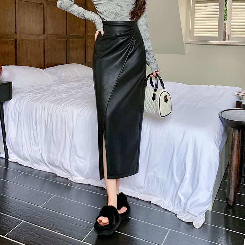 Faux Leather Slit Midi A-Line Skirt
