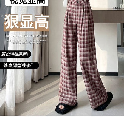 High Waist Plaid Wide Leg Pants