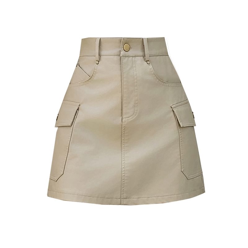 High Rise Plain Faux Leather Mini A-Line Skirt