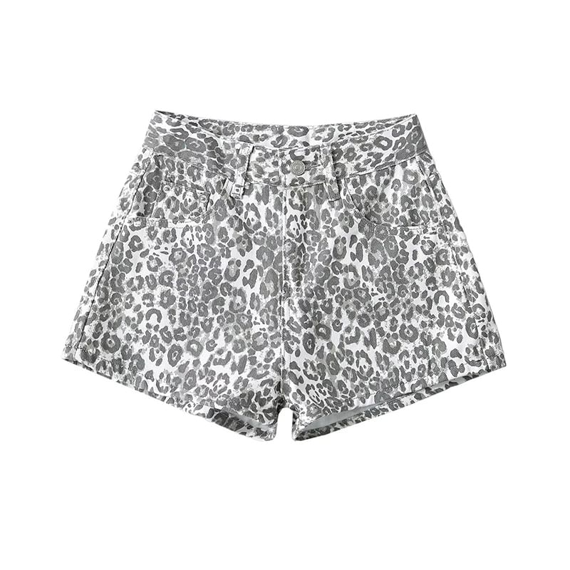 High Waist Leopard Print Denim Shorts