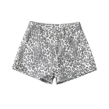 High Waist Leopard Print Denim Shorts