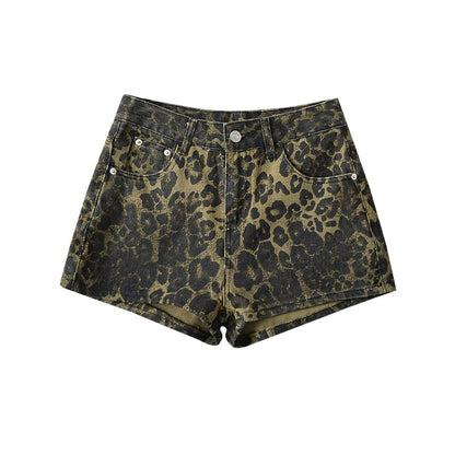 High Waist Leopard Print Denim Shorts
