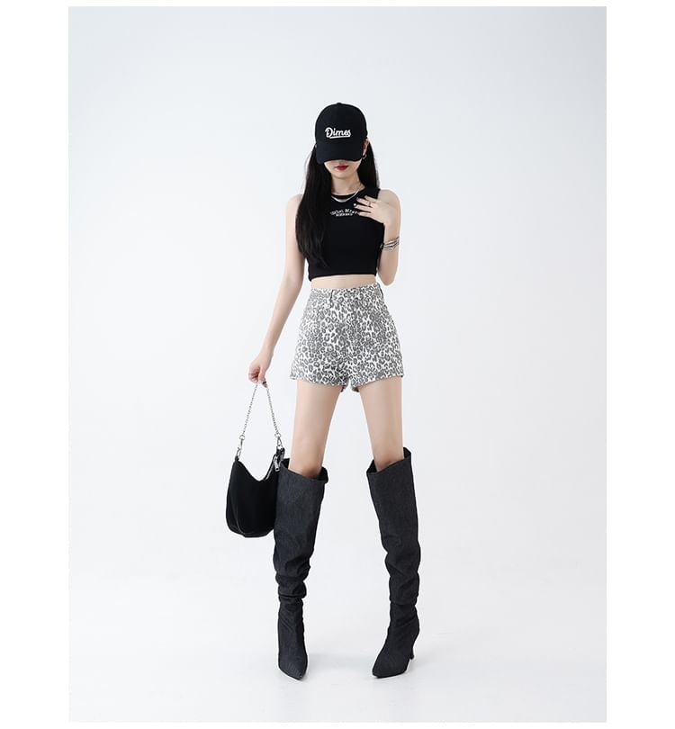 High Waist Leopard Print Denim Shorts
