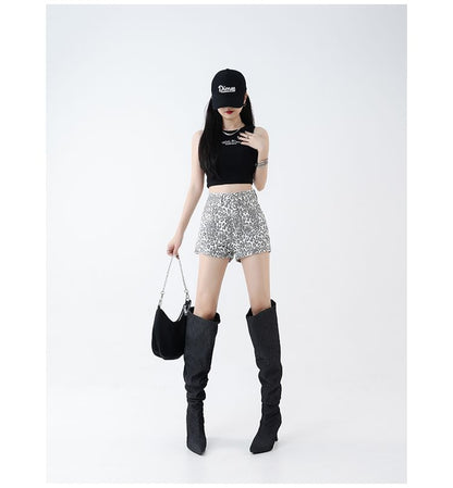High Waist Leopard Print Denim Shorts