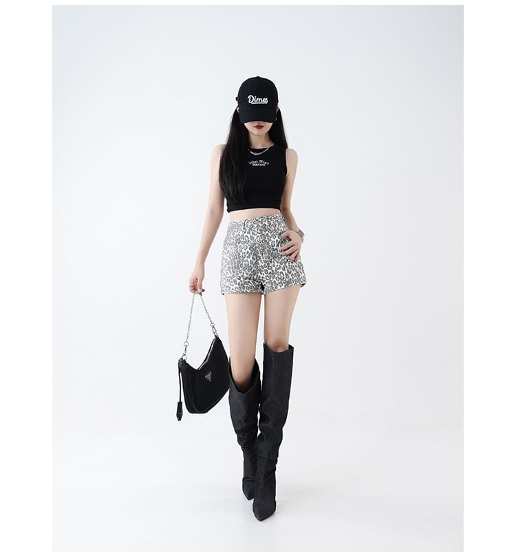 High Waist Leopard Print Denim Shorts