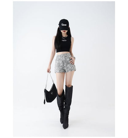 High Waist Leopard Print Denim Shorts