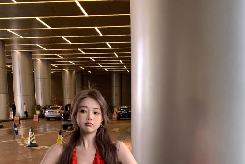 Halter V-Neck Dotted Smock Dress