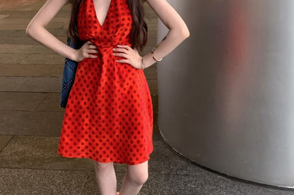 Halter V-Neck Dotted Smock Dress