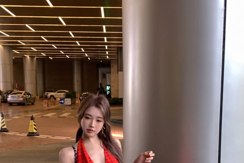 Halter V-Neck Dotted Smock Dress