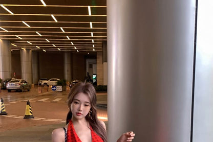 Halter V-Neck Dotted Smock Dress