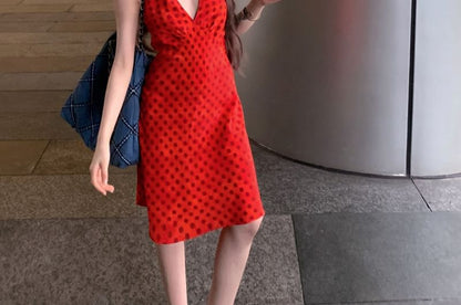 Halter V-Neck Dotted Smock Dress