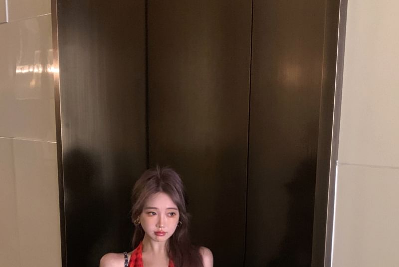 Halter V-Neck Dotted Smock Dress