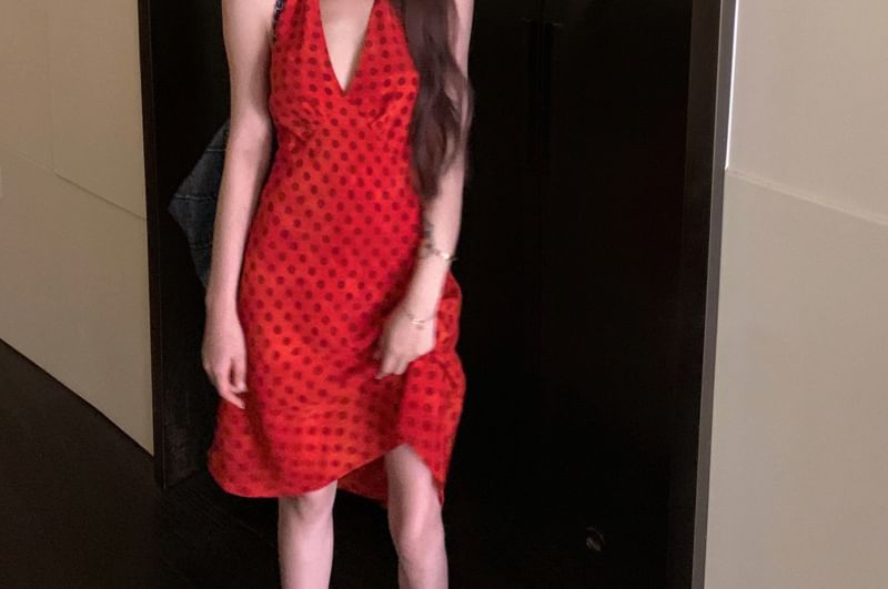 Halter V-Neck Dotted Smock Dress