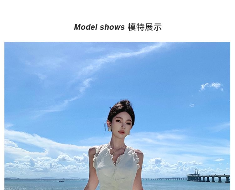 Halter V-Neck Plain Ruffle Front-Slit Maxi A-Line Dress