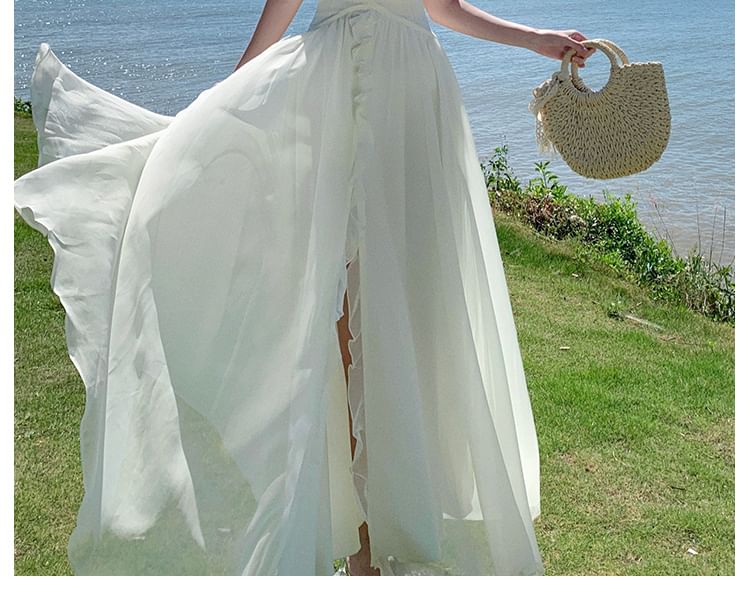 Halter V-Neck Plain Ruffle Front-Slit Maxi A-Line Dress