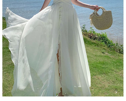 Halter V-Neck Plain Ruffle Front-Slit Maxi A-Line Dress