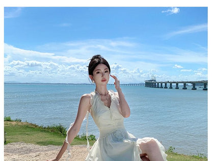 Halter V-Neck Plain Ruffle Front-Slit Maxi A-Line Dress