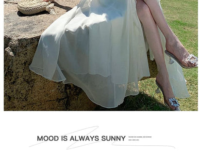 Halter V-Neck Plain Ruffle Front-Slit Maxi A-Line Dress