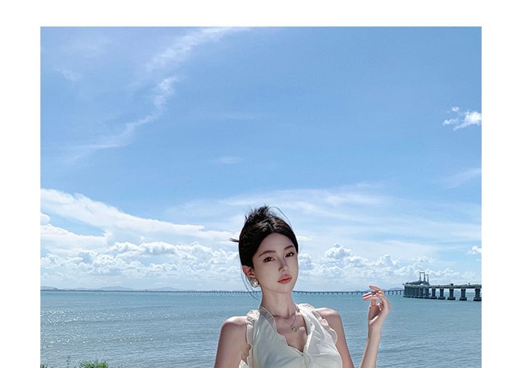 Halter V-Neck Plain Ruffle Front-Slit Maxi A-Line Dress