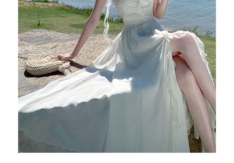 Halter V-Neck Plain Ruffle Front-Slit Maxi A-Line Dress