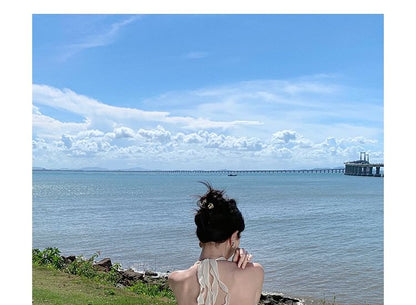 Halter V-Neck Plain Ruffle Front-Slit Maxi A-Line Dress