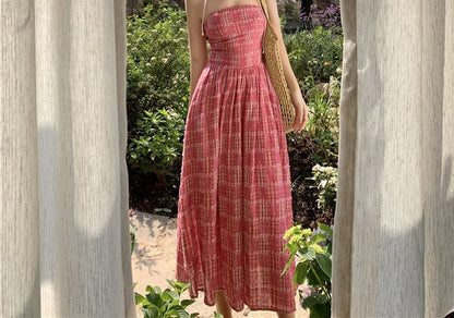 Strapless Plaid Maxi A-Line Dress