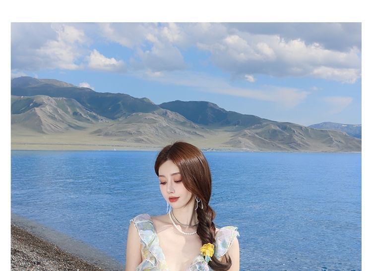 Sleeveless V-Neck Floral Ruffle Cutout Maxi Sundress