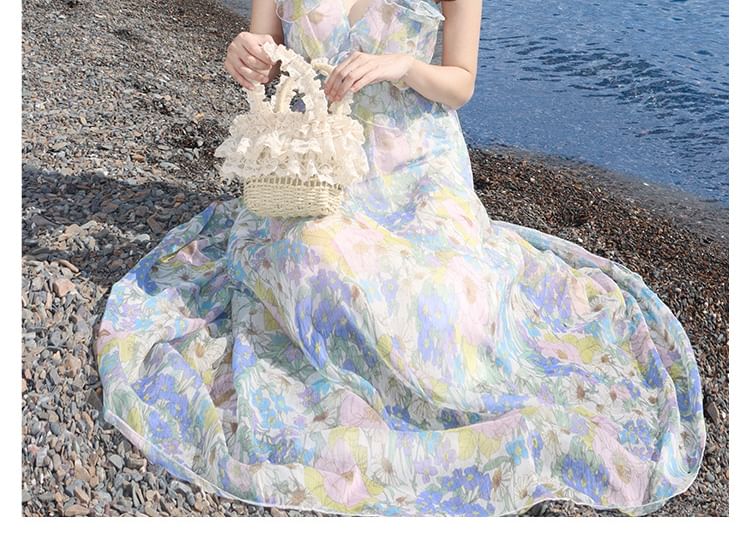 Sleeveless V-Neck Floral Ruffle Cutout Maxi Sundress