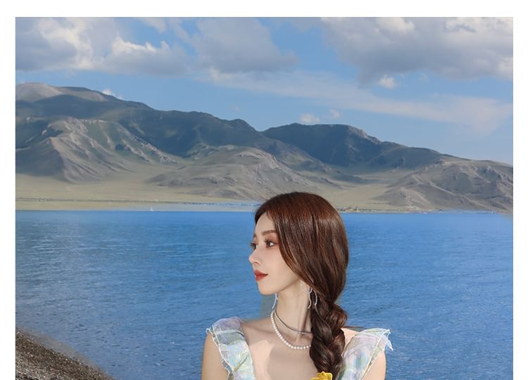 Sleeveless V-Neck Floral Ruffle Cutout Maxi Sundress