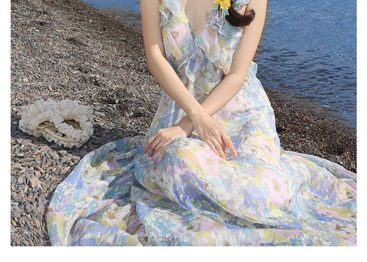 Sleeveless V-Neck Floral Ruffle Cutout Maxi Sundress