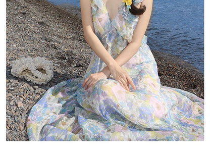 Sleeveless V-Neck Floral Ruffle Cutout Maxi Sundress