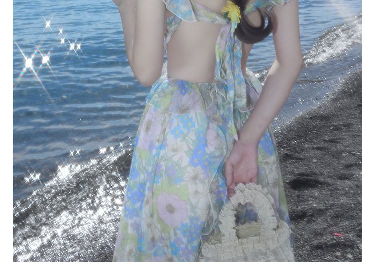 Sleeveless V-Neck Floral Ruffle Cutout Maxi Sundress