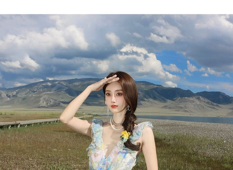 Sleeveless V-Neck Floral Ruffle Cutout Maxi Sundress