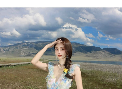 Sleeveless V-Neck Floral Ruffle Cutout Maxi Sundress