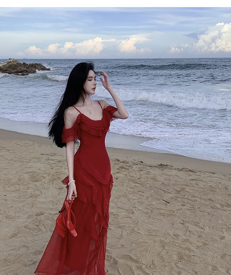 Cold-Shoulder Plain Ruffle Asymmetrical Maxi Sundress