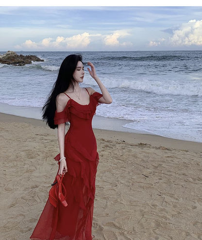Cold-Shoulder Plain Ruffle Asymmetrical Maxi Sundress
