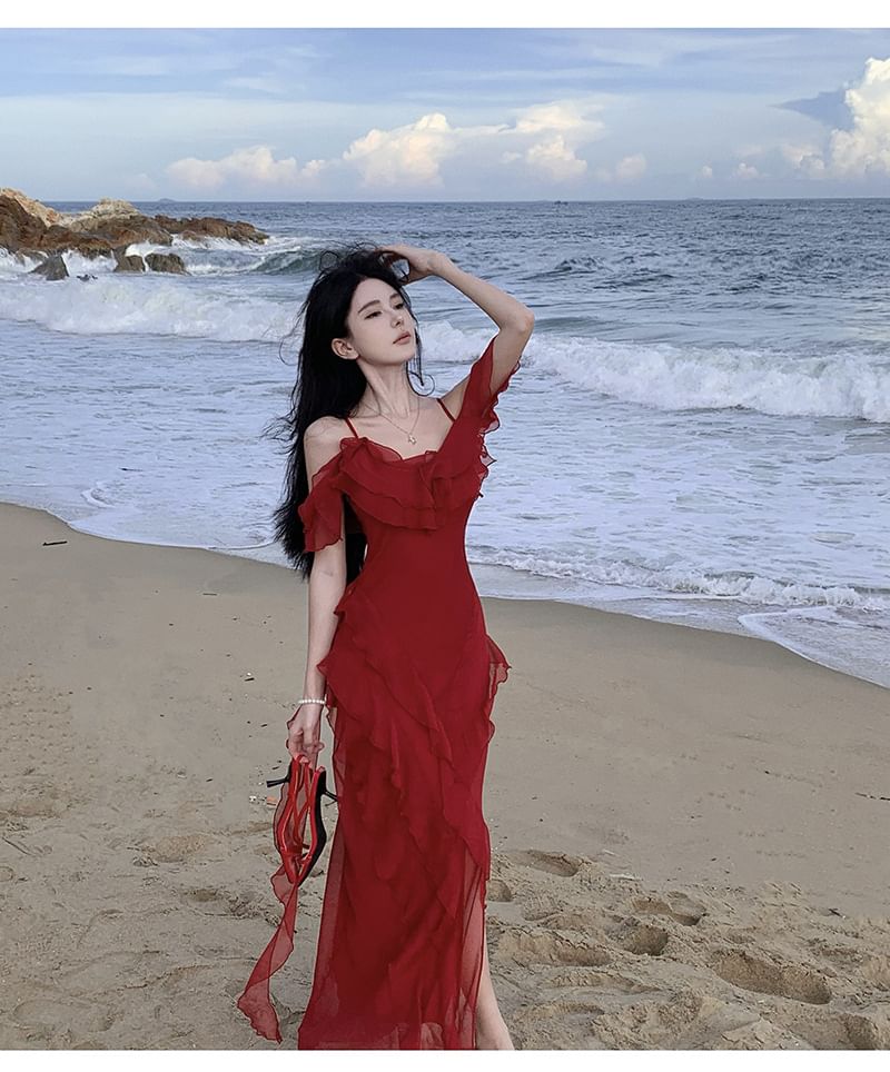 Cold-Shoulder Plain Ruffle Asymmetrical Maxi Sundress