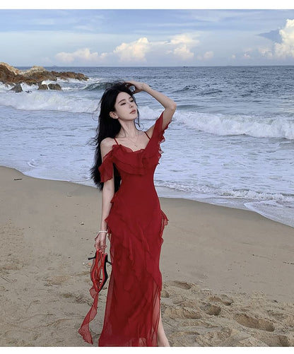 Cold-Shoulder Plain Ruffle Asymmetrical Maxi Sundress