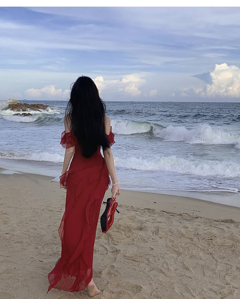Cold-Shoulder Plain Ruffle Asymmetrical Maxi Sundress